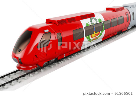 Peruvian flag painted on the high speed train. Rail travel in the Peru, concept. 3D rendering Peruvian flag painted on the high speed train. Rail travel in the Peru, concept. 3D rendering 91566501