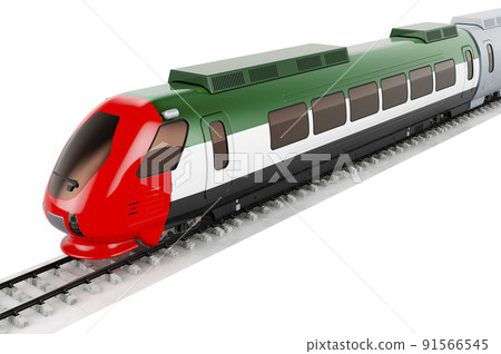 The United Arab Emirates flag painted on the high speed train. Rail travel in the The UAE, concept. 3D rendering 91566545