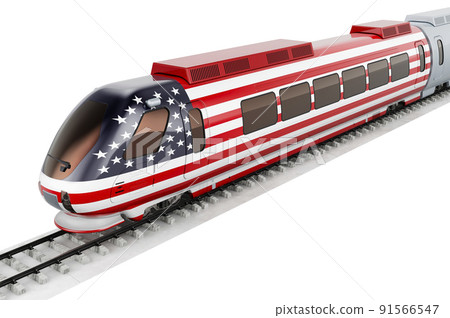 The United States flag painted on the high speed train. Rail travel in the USA, concept. 3D rendering 91566547