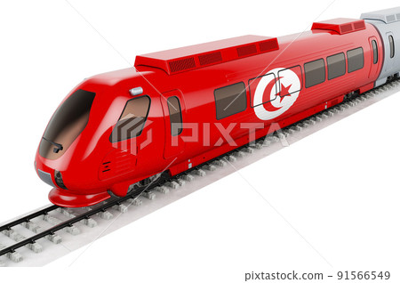 Tunisian flag painted on the high speed train. Rail travel in the Tunisia, concept. 3D rendering 91566549