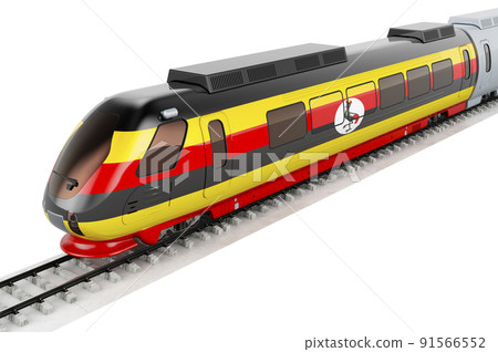 Ugandan flag painted on the high speed train. Rail travel in the Uganda, concept. 3D rendering Ugandan flag painted on the high speed train. Rail travel in the Uganda, concept. 3D rendering 91566552