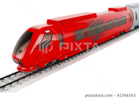 Albanian flag painted on the high speed train. Rail travel in the Albania, concept. 3D rendering 91566563