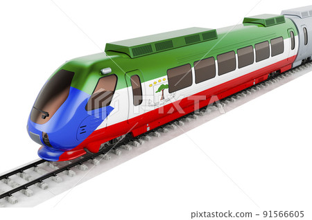Equatoguinean Guinea flag painted on the high speed train. Rail travel in the Equatorial Guinea, concept. 3D rendering 91566605
