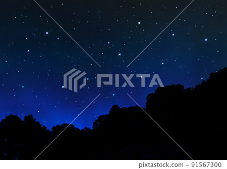 Creative art of the starry sky that spreads beyond the silhouette of the trees 91567300