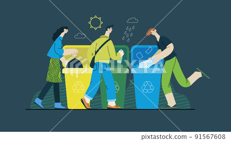 Ecology - Waste sorting -Modern flat vector concept illustration of people putting a plastic, paper and glass into the garbage container for sorted waste. Creative landing web page template Ecology - Waste sorting -Modern flat vector concept illustration of people putting a plastic, paper and glass into the garbage container for sorted waste. Creative landing web page template 91567608