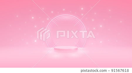 Podium with Neon on Pink Starry Lights Background 91567618