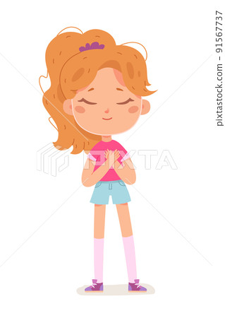 Girl standing and crossing arms, funny gesture of child with closed eyes, folded hands Girl standing and crossing arms, funny gesture of child with closed eyes, folded hands 91567737