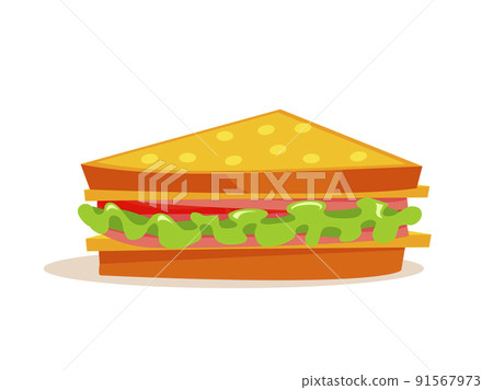 Sandwich with green lettuce leaves, sausages, tomato, cheese. Traditional ham and vegetable on toast. Fast food item isolated on white background. Vector breakfast meal. 91567973