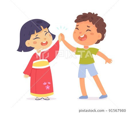 Cute kids give high five to each other with slap, girl in Japanese traditional costume Cute kids give high five to each other with slap, girl in Japanese traditional costume 91567980