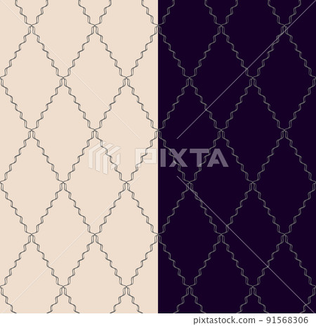 Wavy zigzag line ornamental seamless pattern, rhombus geometric shape, diagonal grid. Hand drawn doodle style design. Transparent, easy editable colors background. Vector 91568306