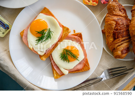 Breakfast, in hotel  sunny side up fried eggs 91568590