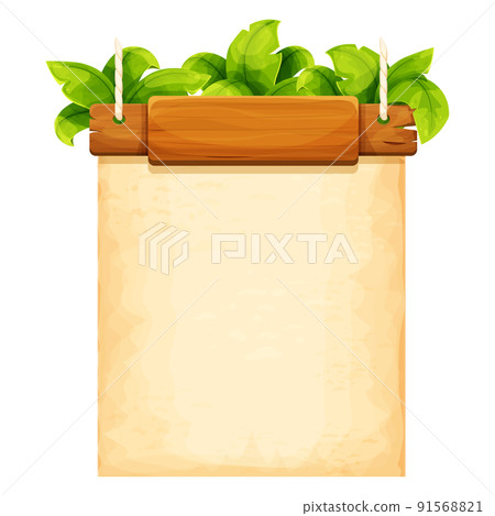 Jungle frame with wooden planks, old paper, rope, decorated plants and leaves in comic cartoon style isolated on white background. Tribal, rural clip art. Ui game asset. Jungle frame with wooden planks, old paper, rope, decorated plants and leaves in comic cartoon style isolated on white background. Tribal, rural clip art. Ui game asset. 91568821