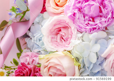 Colorful flower bouquet with roses and peony,... - Stock Photo