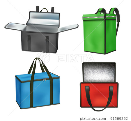 Delivery containers. Courier packages for fresh beverages food waterproofing bags decent vector realistic pictures set isolated 91569262