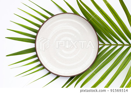 Plate on green leaves on white background. Plate on green leaves on white background. 91569314
