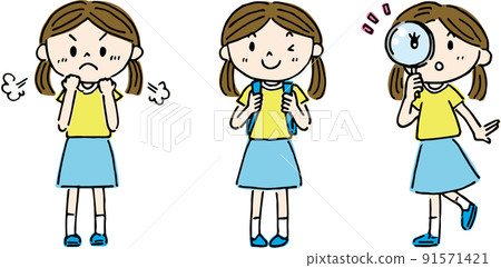 Short-sleeved girl motivation, school bag, magnifying glass 91571421