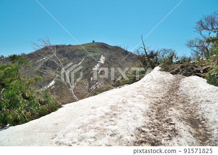 Mountain trail with remaining snow and the summit of Mt. Hyono, Yabu City, Hyogo Prefecture 91571825