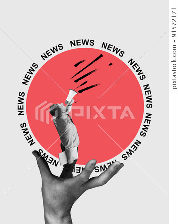 Contemporary art collage. Female hand holding megaphone with news lettering. Concept of creativity, mass media influence, information, news. Copy space for ad 91572171