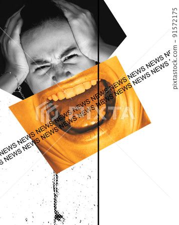 Contemporary art collage. Conceptual image with stressed woman. Control of speech, influence, fakes and news. Contemporary art collage. Conceptual image with stressed woman. Control of speech, influence, fakes and news. 91572175
