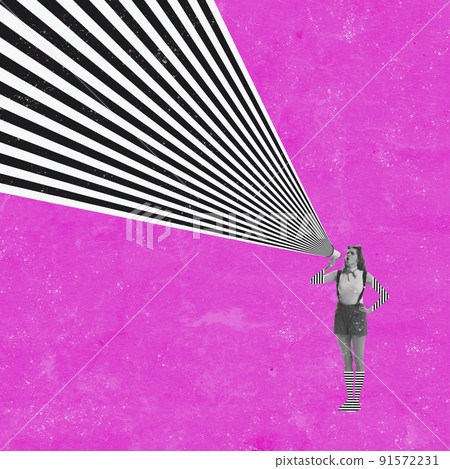 Shouting in megaphone. Contemporary art collage with megaphone and abstract optical ray isolated on color background. Shouting in megaphone. Contemporary art collage with megaphone and abstract optical ray isolated on color background. 91572231
