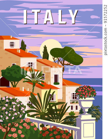 Retro Poster Italy, mediterranean romantic landscape, mountains, seaside town, sailboat, sea. Retro travel poster 91572252
