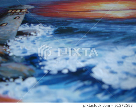 Close up detail of the brushwork in an abstract oil painting in blue, yellow, green and white showing the texture of the painting on canvas. 91572592