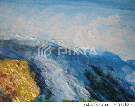Close up detail of the brushwork in an abstract oil painting in blue, yellow, green and white showing the texture of the painting on canvas. 91572629
