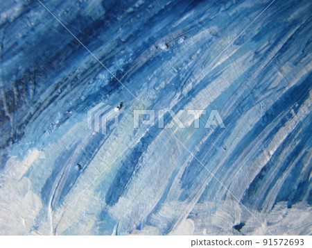 Close up detail of the brushwork in an abstract oil painting in blue, yellow, green and white showing the texture of the painting on canvas. 91572693