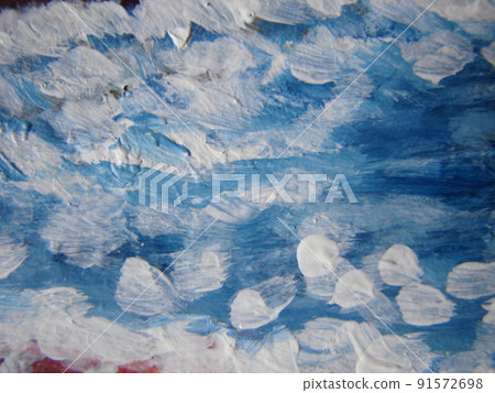 Close up detail of the brushwork in an abstract oil painting in blue, yellow, green and white showing the texture of the painting on canvas. 91572698