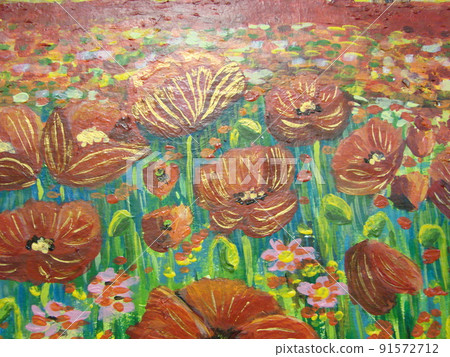 Red poppies on the field. Oil painting background. Art concept. Palette knife texture. Red poppies on the field. Oil painting background. Art concept. Palette knife texture. 91572712