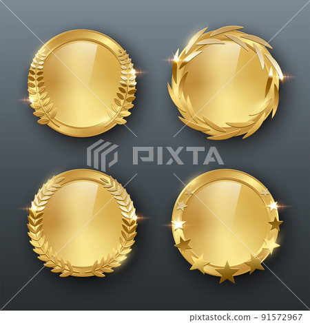 Award golden blank medals 3d realistic vector color illustration on gray background 91572967