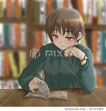 一個女人在圖書館裡用臉頰棒看書 一個女人在圖書館裡用臉頰棒看書 91572968