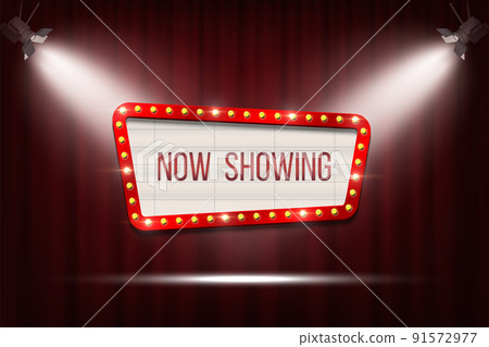 Vector retro cinema announcement board with bulb frame on red curtains background with spot lights. Vector retro cinema announcement board with bulb frame on red curtains background with spot lights. 91572977