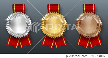 Award golden, silver and bronze medals with ribbons 3d realistic vector color illustration on gray background 91573007
