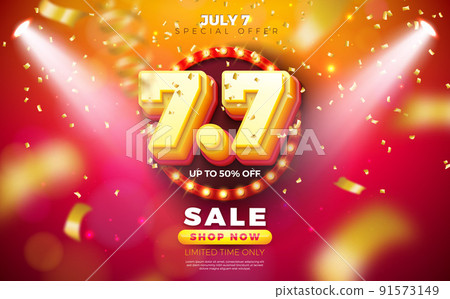 Shopping Day Flash Sale Design with 3d 7.7 Number and Light Bulb Billboard on Red Background. Vector 7 July Special Offer Illustration for Coupon, Voucher, Banner, Flyer, Promotional Poster Shopping Day Flash Sale Design with 3d 7.7 Number and Light Bulb Billboard on Red Background. Vector 7 July Special Offer Illustration for Coupon, Voucher, Banner, Flyer, Promotional Poster 91573149