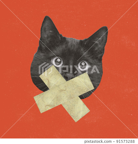 Contemporary art collage. Conceptual image with cat's muzzle and patched mouth. Forbidden to talk freely Contemporary art collage. Conceptual image with cat's muzzle and patched mouth. Forbidden to talk freely 91573288