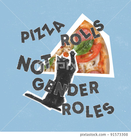 Contemporary art collage. Conceptual image with cat and pizza. Importance of gender equality and human rights Contemporary art collage. Conceptual image with cat and pizza. Importance of gender equality and human rights 91573308