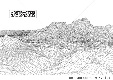Abstract vector wireframe landscape background. Cyberspace grid. 3d technology wireframe vector illustration. Digital wireframe landscape for presentations . 91574104