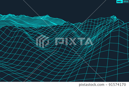 3D Wireframe Terrain Wide Angle EPS10 Vector 91574170