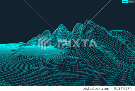 3D Wireframe Terrain Wide Angle EPS10 Vector 91574174