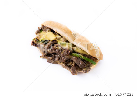 Philly cheesesteak sandwich with beef, cheese,green pepers and caramelized onion 91574225