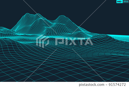 3D Wireframe Terrain Wide Angle EPS10 Vector 91574272