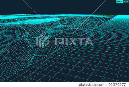 3D Wireframe Terrain (Wide Angle) | EPS10 Vector 91574277