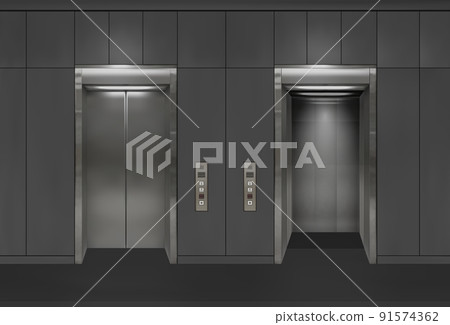 Chrome metal office building elevator doors. Open and closed variant. Realistic vector illustration gray wall panels office building elevator. Chrome metal office building elevator doors. Open and closed variant. Realistic vector illustration gray wall panels office building elevator. 91574362