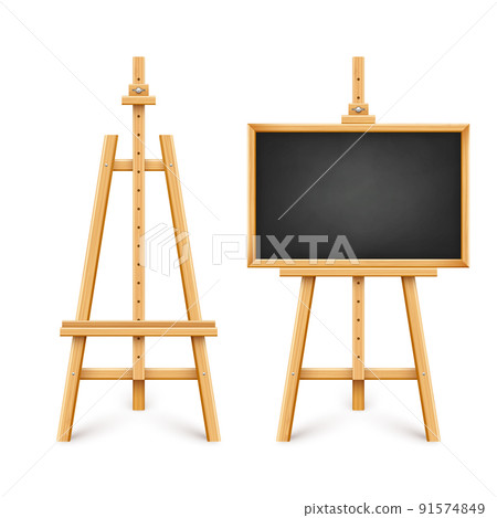 Realistic black chalkboard on wooden easel. Blank blackboard in wooden frame on a tripod. Presentation board, writing surface for text, drawing. Online studying, learning mockup. Vector illustration 91574849