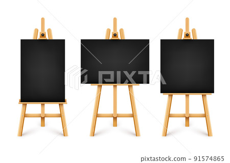 Realistic paint desk with blank black canvas. Wooden easel and a sheet of drawing paper. Presentation board on a tripod. Artwork mockup, template. Vector illustration 91574865
