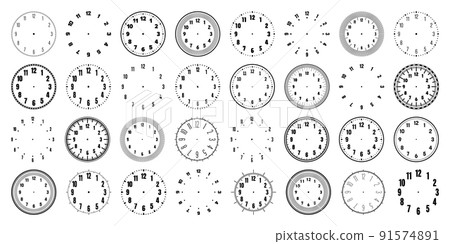 Mechanical clock faces with arabic numerals, bezel. Watch dial with minute, hour marks and numbers. Timer or stopwatch element. Blank measuring circle scale with divisions. Vector illustration Mechanical clock faces with arabic numerals, bezel. Watch dial with minute, hour marks and numbers. Timer or stopwatch element. Blank measuring circle scale with divisions. Vector illustration 91574891