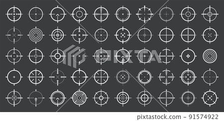Crosshair, gun sight vector icons. Bullseye, target or aim symbol. Military rifle scope, shooting mark sign. Targeting, aiming for a shot. Archery, hunting and sports shooting. Game UI element. 91574922
