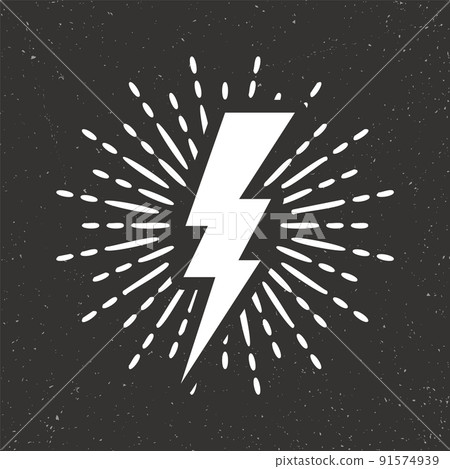 Vintage lightning bolt and sun rays on grunge background. Lightnings with sunburst effect. Thunderbolt, electric shock sign. Vector illustration Vintage lightning bolt and sun rays on grunge background. Lightnings with sunburst effect. Thunderbolt, electric shock sign. Vector illustration 91574939