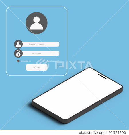 Smartphome 3D model with Login form on blue background. Smartphome 3D model with Login form on blue background. 91575290